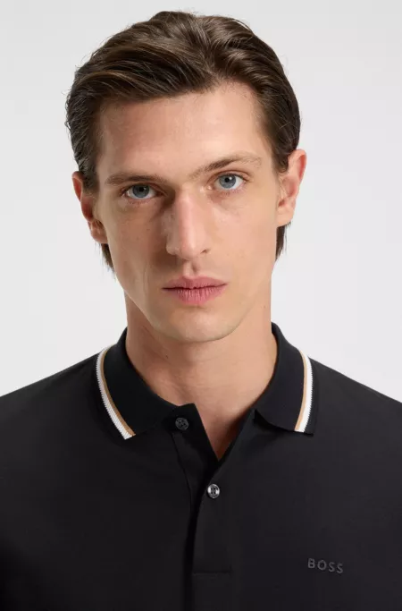 Striped-collar slim-fit polo shirt in cotton with logo