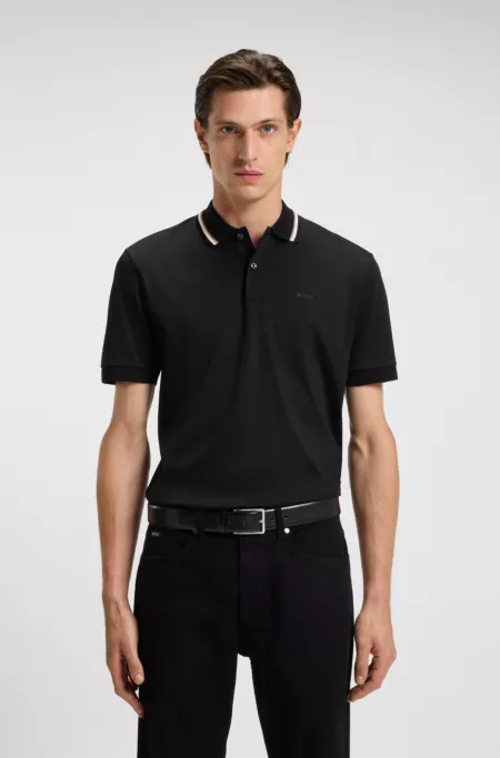 Striped-collar slim-fit polo shirt in cotton with logo