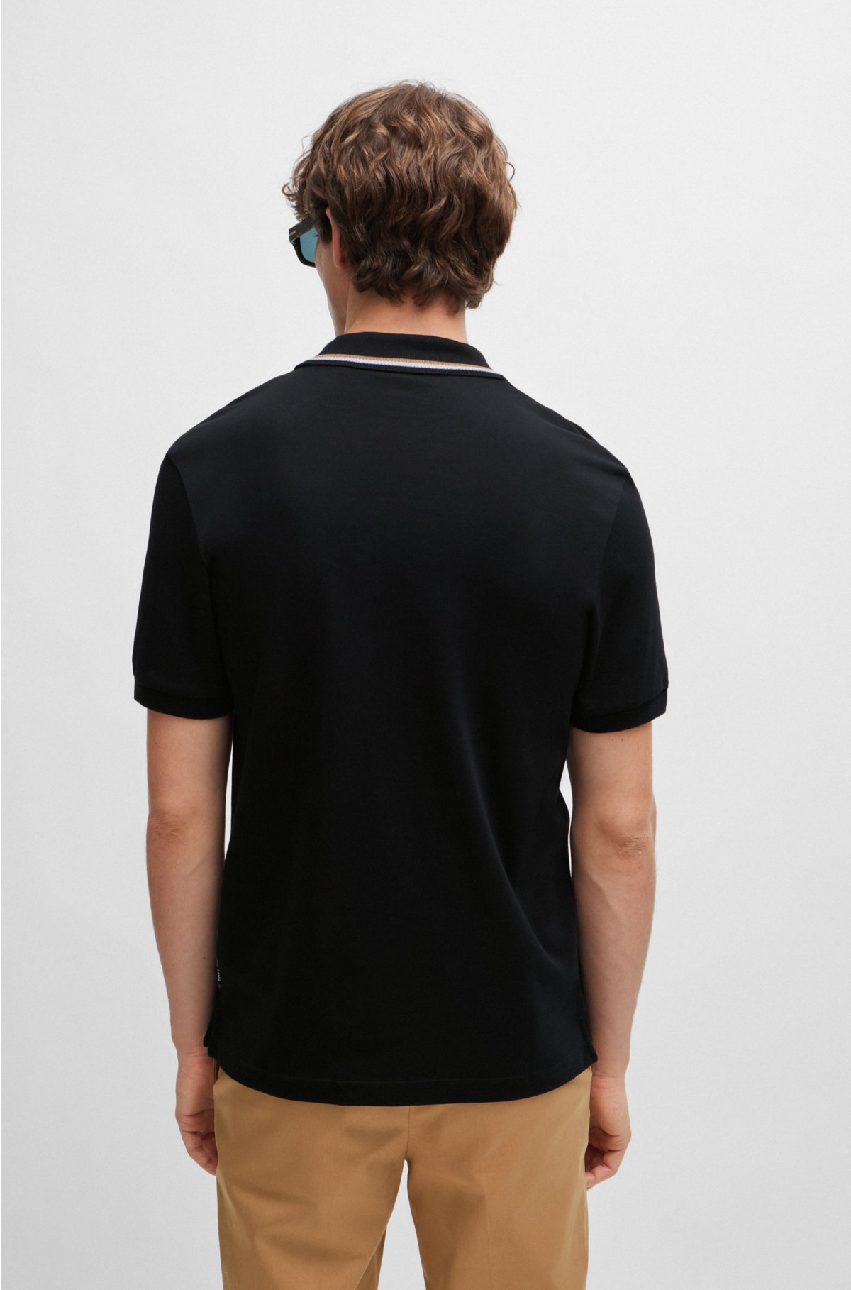 Slim-fit polo shirt in cotton with striped collar, Black