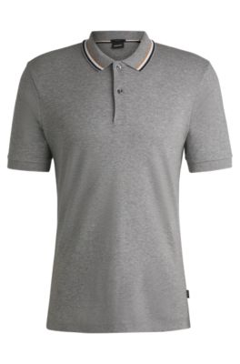 Striped-collar slim-fit polo shirt in cotton with logo, Silver