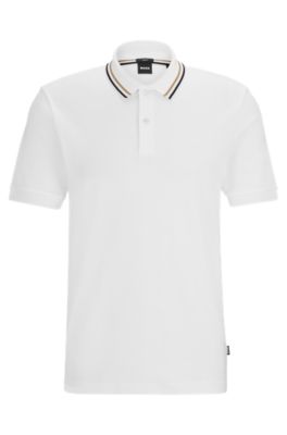 BOSS - Mercerized-cotton polo shirt with signature-stripe collar