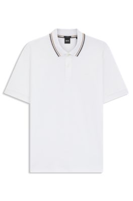 Striped-collar slim-fit polo shirt in cotton with logo, White