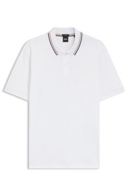 Polo slim fit de algod&oacute;n con cuello a rayas, Blanco