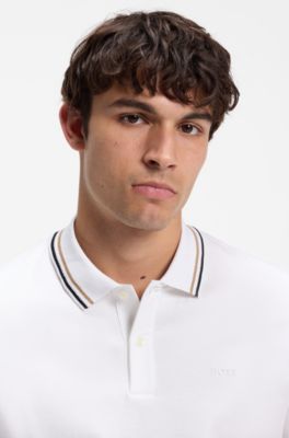 Slim-fit cotton polo shirt with striped collar, White