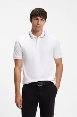 Polo slim fit de algod&oacute;n con cuello a rayas, Blanco