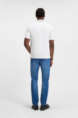 Polo slim fit de algod&oacute;n con cuello a rayas, Blanco