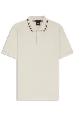 Polo slim fit de algod&oacute;n con cuello a rayas, Blanco