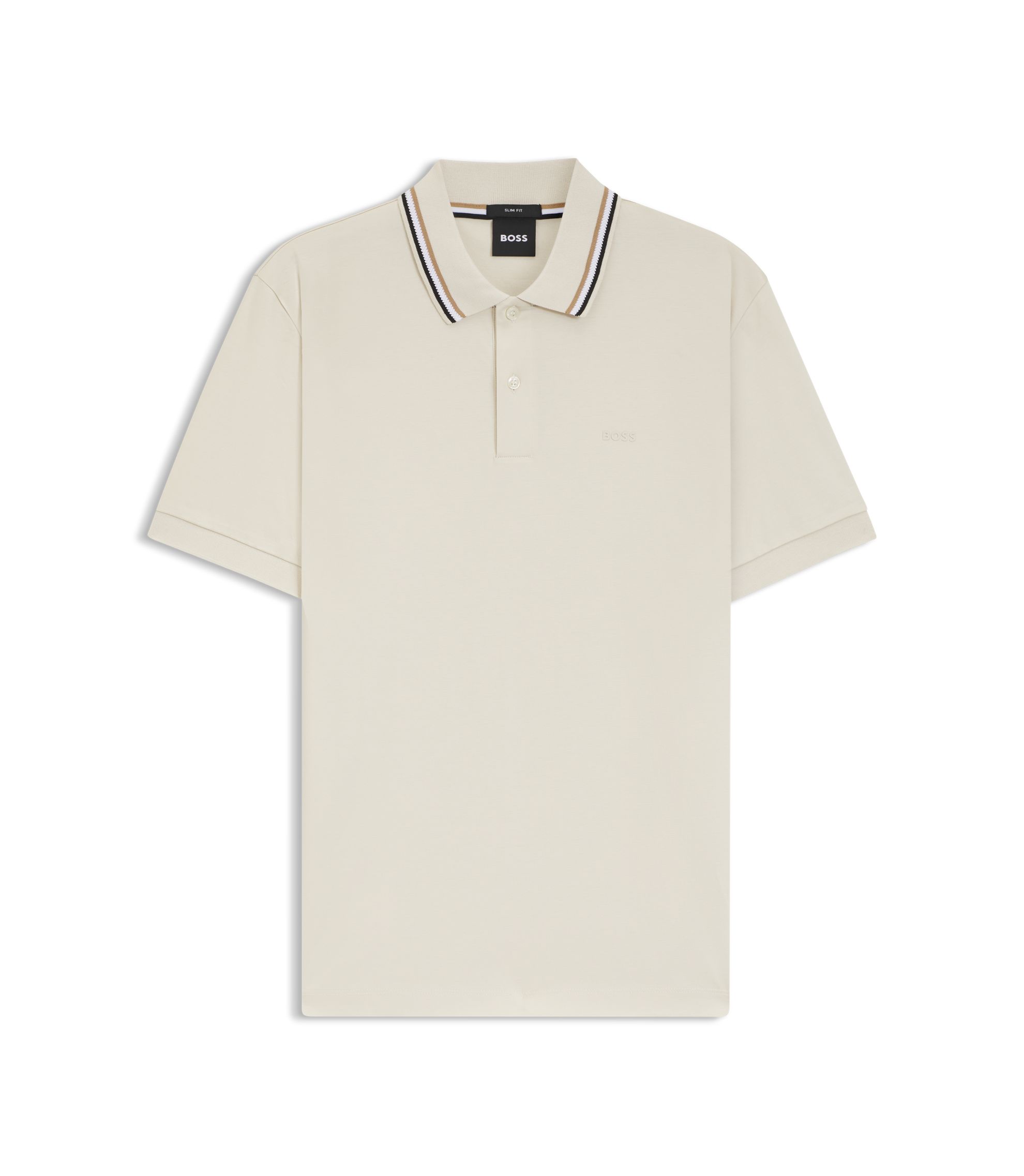 BOSS - Striped-collar slim-fit polo shirt in cotton with logo - White