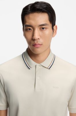 Striped-collar slim-fit polo shirt in cotton with logo, White