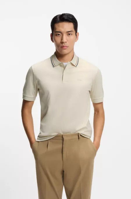 Striped-collar slim-fit polo shirt in cotton with logo