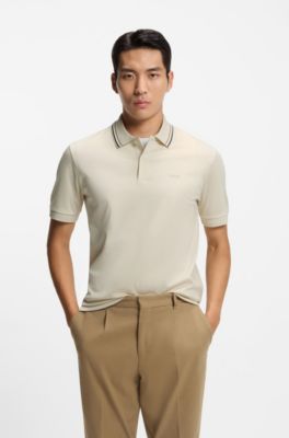 Polo slim fit de algod&oacute;n con cuello a rayas, Blanco