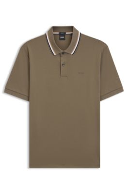 Polo slim fit de algod&oacute;n con cuello a rayas, Marr&oacute;n claro
