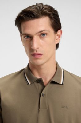 Polo slim fit de algod&oacute;n con cuello a rayas, Marr&oacute;n claro