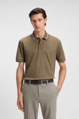 Polo slim fit de algod&oacute;n con cuello a rayas, Marr&oacute;n claro