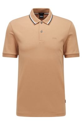 Hugo Boss Slim-fit Polo Shirt In Cotton With Striped Collar In Beige