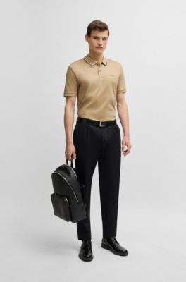 Striped-collar slim-fit polo shirt in cotton with logo, Light Beige