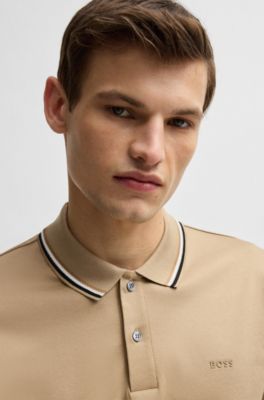 Striped-collar slim-fit polo shirt in cotton with logo, Light Beige