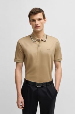 Striped-collar slim-fit polo shirt in cotton with logo, Light Beige