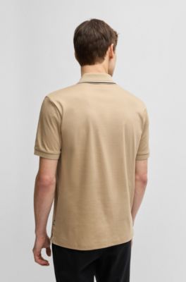 Striped-collar slim-fit polo shirt in cotton with logo, Light Beige
