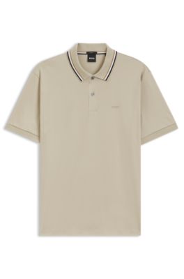 Slim-fit cotton polo shirt with striped collar, Light Beige