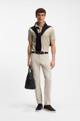 Slim-fit cotton polo shirt with striped collar, Light Beige