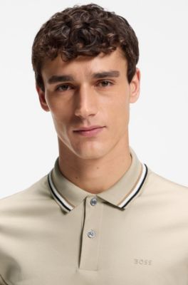 Polo Slim en coton &agrave; col ray&eacute;, Beige clair