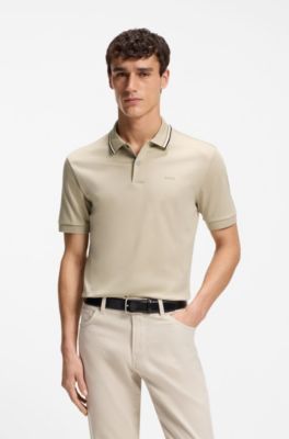 Polo Slim en coton &agrave; col ray&eacute;, Beige clair