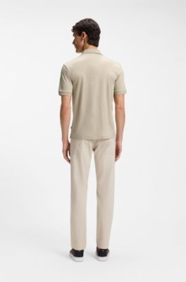 Slim-fit cotton polo shirt with striped collar, Light Beige