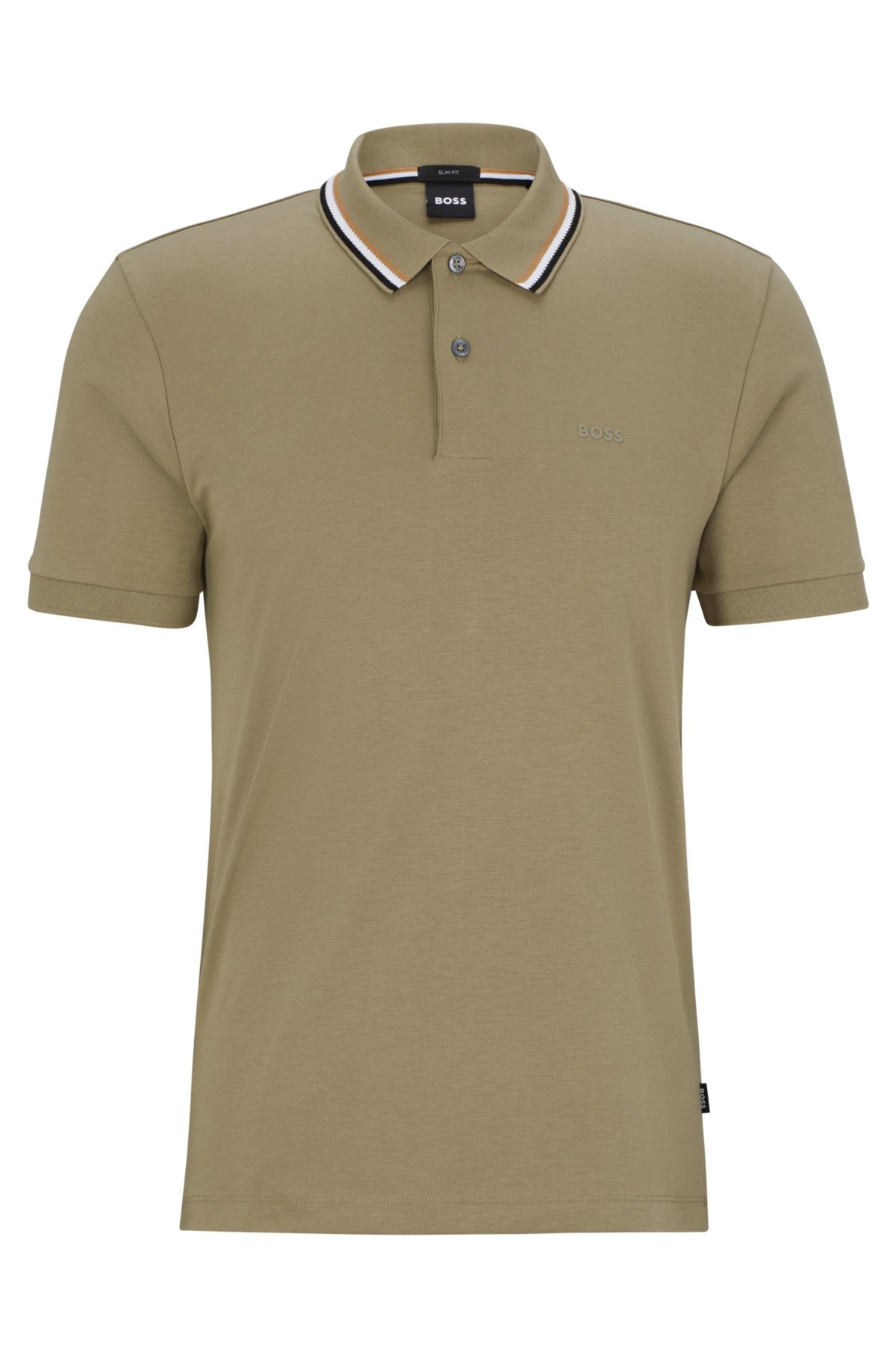 Slim-fit polo shirt in cotton with striped collar, Light Green