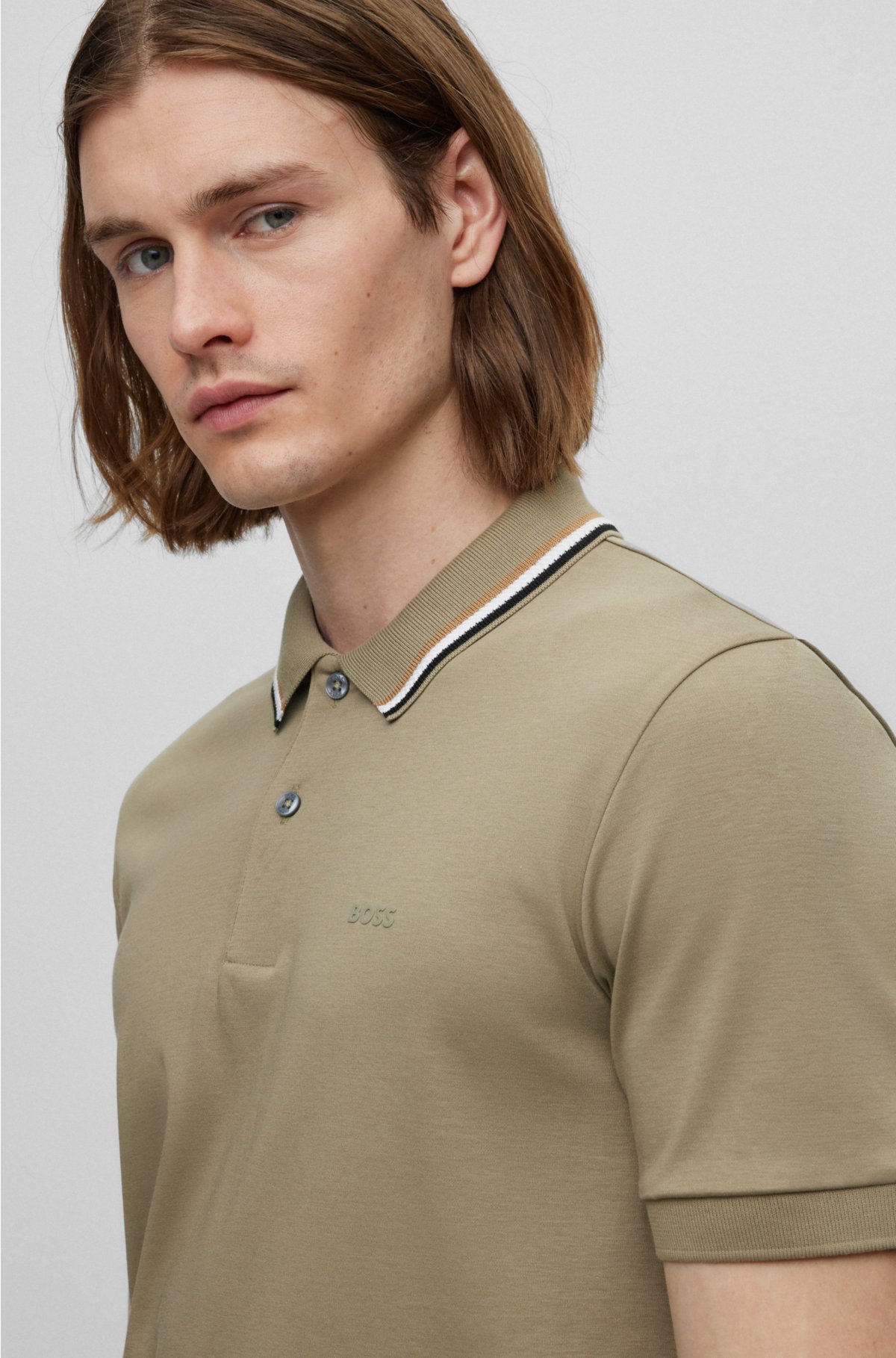 Slim-fit polo shirt in cotton with striped collar, Light Green