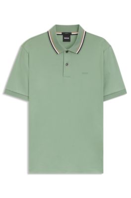 Slim-fit cotton polo shirt with striped collar, Light Green