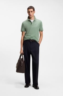 Slim-fit cotton polo shirt with striped collar, Light Green