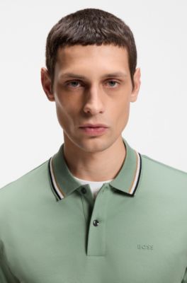 Slim-fit cotton polo shirt with striped collar, Light Green