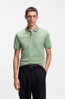 Slim-fit cotton polo shirt with striped collar, Light Green