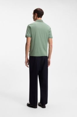 Slim-fit cotton polo shirt with striped collar, Light Green
