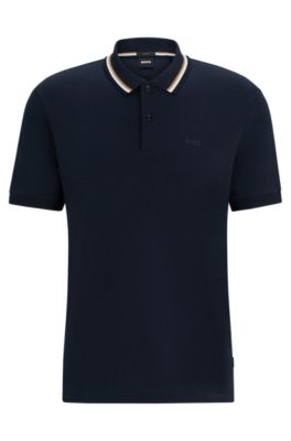 Shop Hugo Boss Slim-fit Polo Shirt In Cotton With Striped Collar In Dark Blue