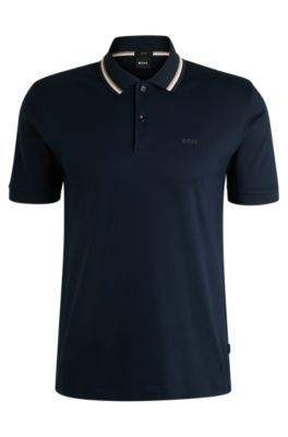 Hugo Boss Slim-fit Polo Shirt In Cotton With Striped Collar In Dark Blue