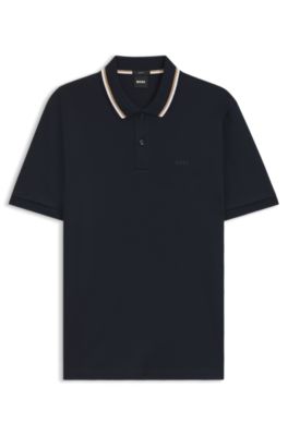 Slim-fit cotton polo shirt with striped collar, Dark Blue