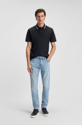 Slim-fit cotton polo shirt with striped collar, Dark Blue