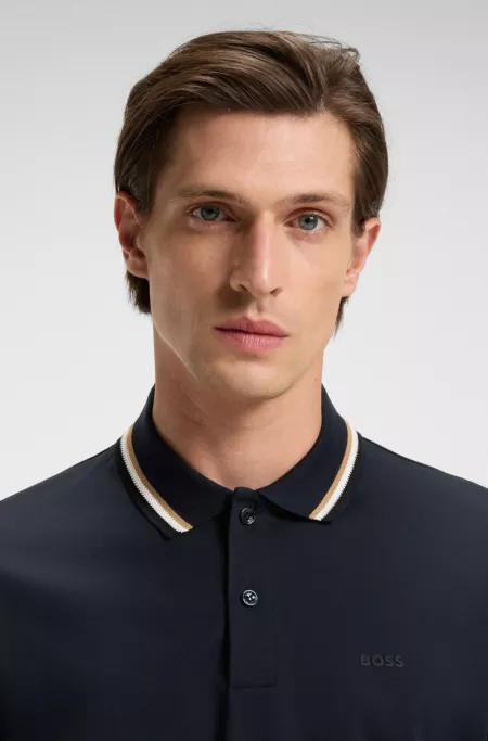 Striped-collar slim-fit polo shirt in cotton with logo