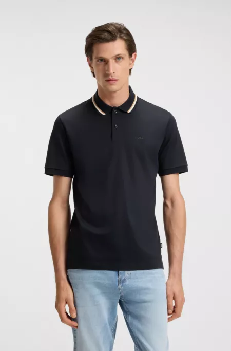 Striped-collar slim-fit polo shirt in cotton with logo
