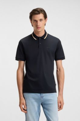 Slim-fit cotton polo shirt with striped collar, Dark Blue