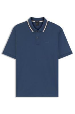Striped-collar slim-fit polo shirt in cotton with logo, Blue