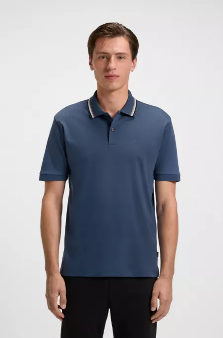 Striped-collar slim-fit polo shirt in cotton with logo
