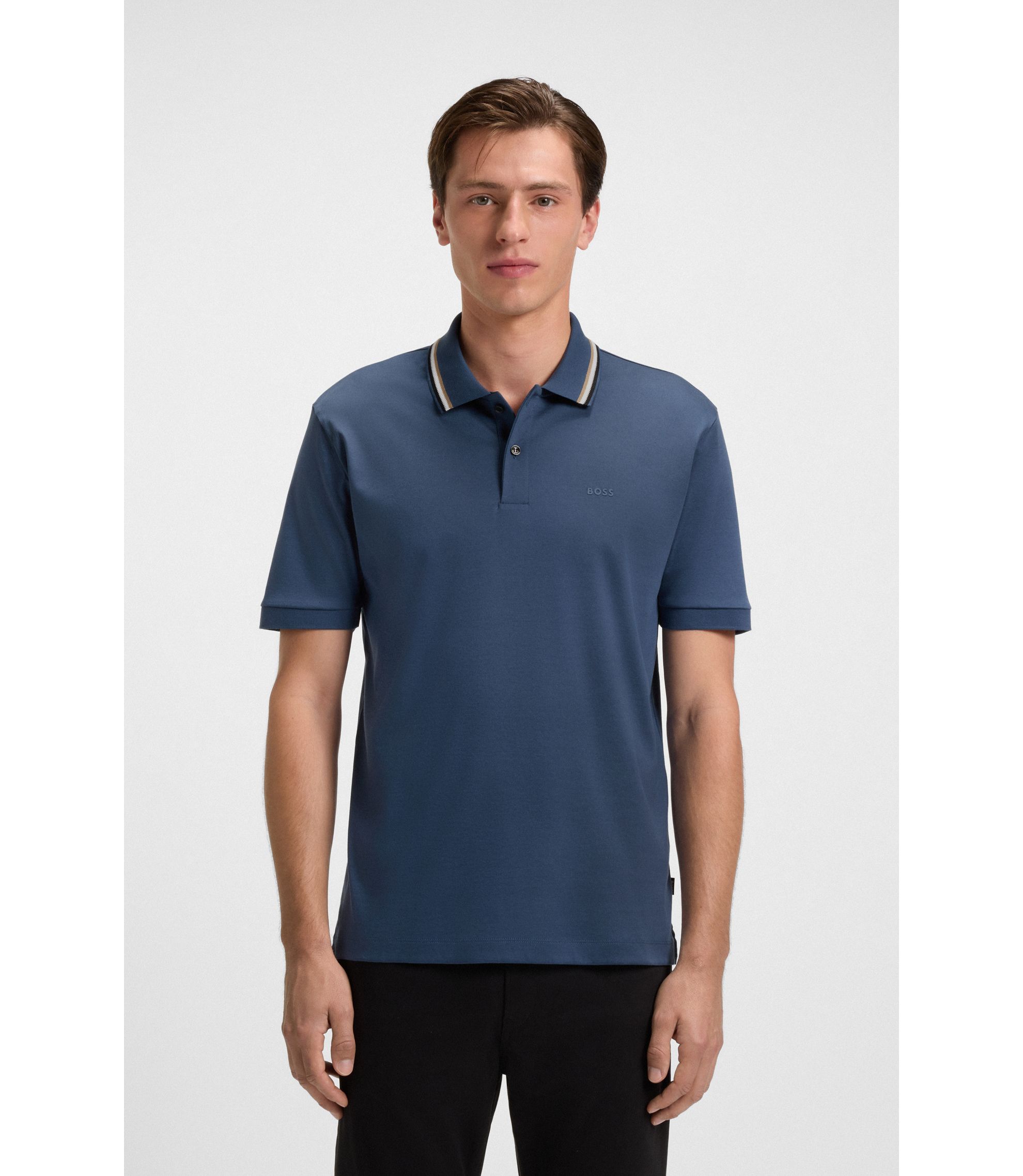 BOSS - Striped-collar slim-fit polo shirt in cotton with