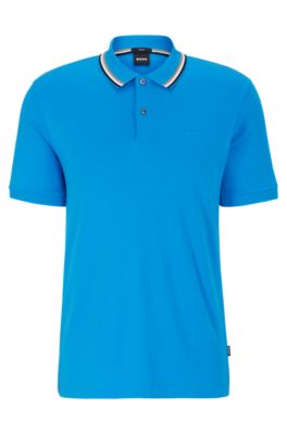 Hugo Boss Slim-fit Polo Shirt In Cotton With Striped Collar In Blue