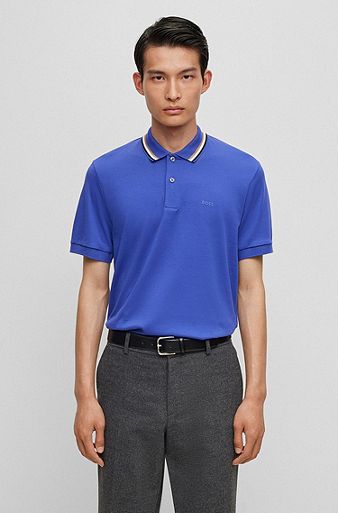 Slim-fit polo shirt in cotton with striped collar, Dark Purple