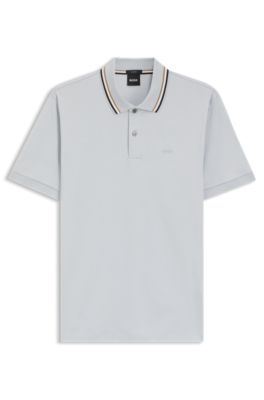 Slim-fit cotton polo shirt with striped collar, Light Purple