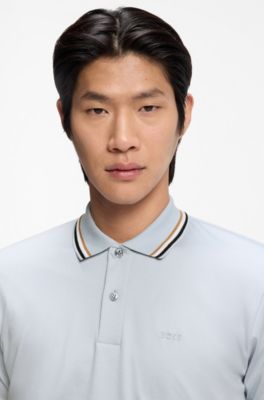 Striped-collar slim-fit polo shirt in cotton with logo, Light Purple