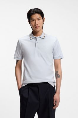 Slim-fit cotton polo shirt with striped collar, Light Purple
